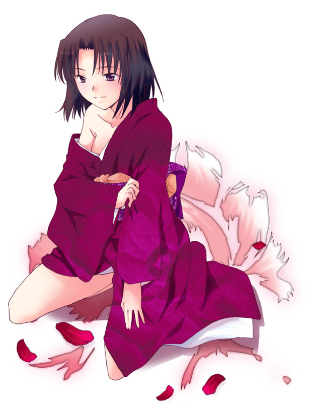 natori (artist), rokuka, ryougi shiki, kara no kyoukai, type-moon, bad id, bad pixiv id, black hair, japanese clothes, kimono, petals, short hair, solo