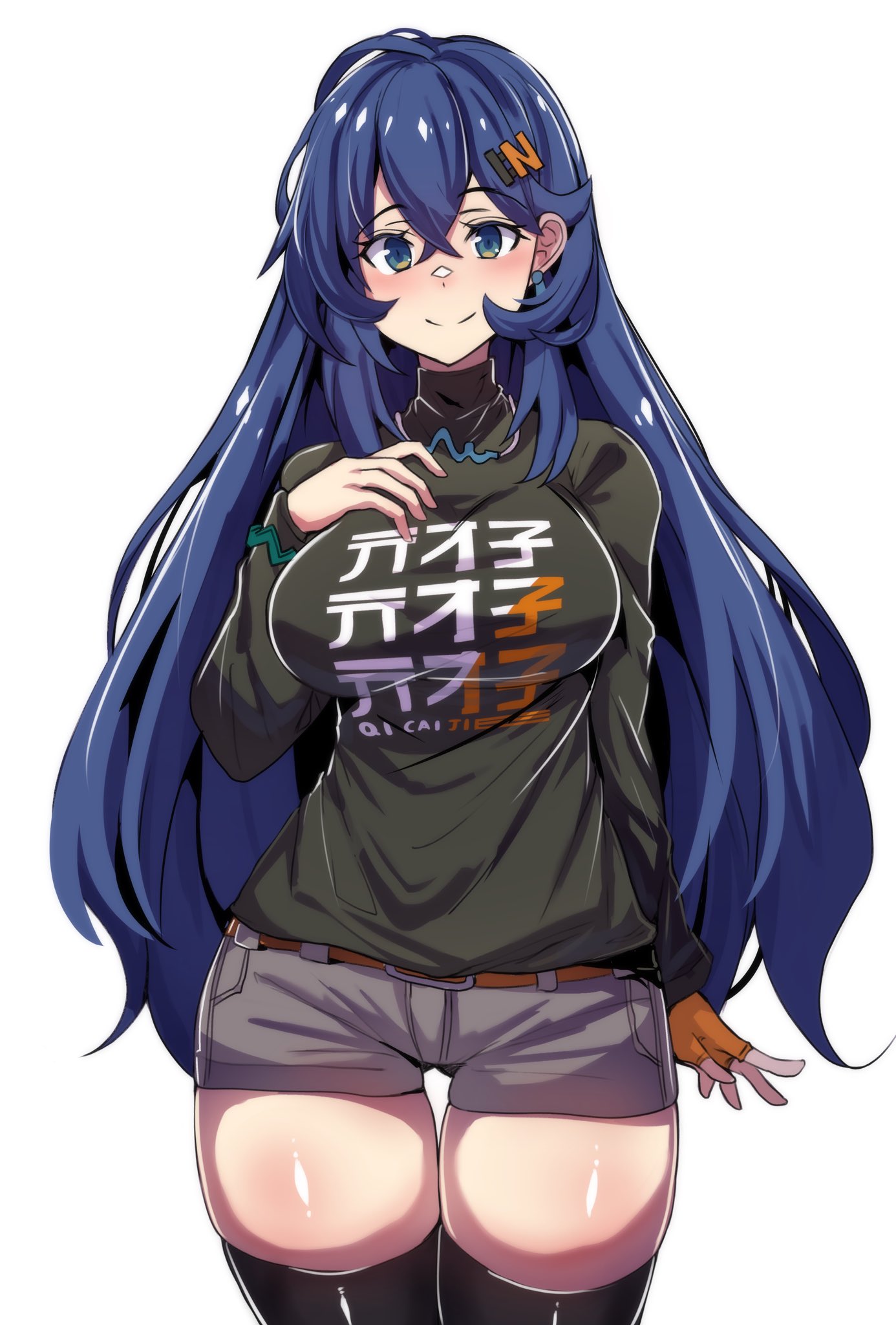 hinghoi, belle (zenless zone zero), zenless zone zero, commentary, english commentary, highres, 1girl, alternate breast size (larger), alternate hair length, alternate hairstyle, belt, black shirt, black thighhighs, blue hair, bracelet, breasts, cowboy shot, earrings, fingerless gloves, gloves, green hair, grey shorts, hair between eyes, hair ornament, hand on own chest, jewelry, large breasts, letter hair ornament, long hair, looking at viewer, necklace, orange gloves, shirt, shorts, simple background, single fingerless glove, single glove, smile, solo, standing, thighhighs, very long hair, white background
