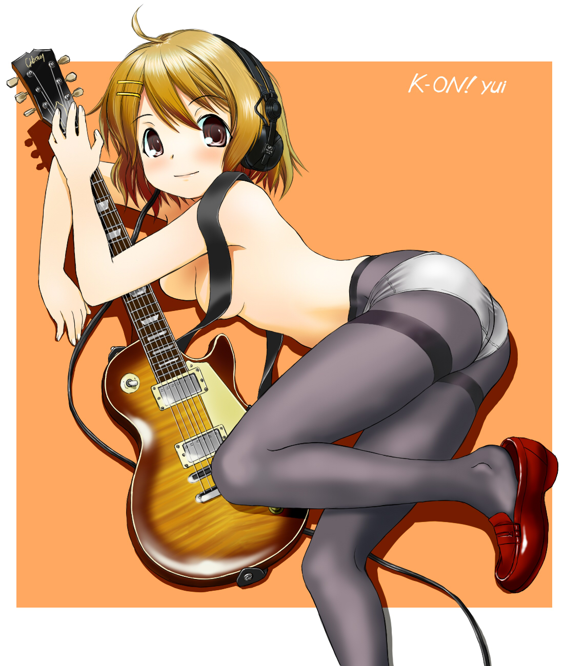 retsumaru, hirasawa yui, gibson, k-on!, highres, 00s, 1girl, ass, brown eyes, brown hair, electric guitar, female focus, gibson les paul, guitar, hair ornament, hairclip, headphones, instrument, legs, panties, panties under pantyhose, pantyhose, shoe dangle, short hair, smile, solo, thighband pantyhose, topless female, underwear, underwear only