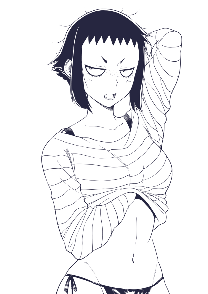 natsumi chorisuke, original, commentary, 1girl, bikini, bikini under clothes, greyscale, monochrome, navel, short hair, simple background, solo, swimsuit, white background