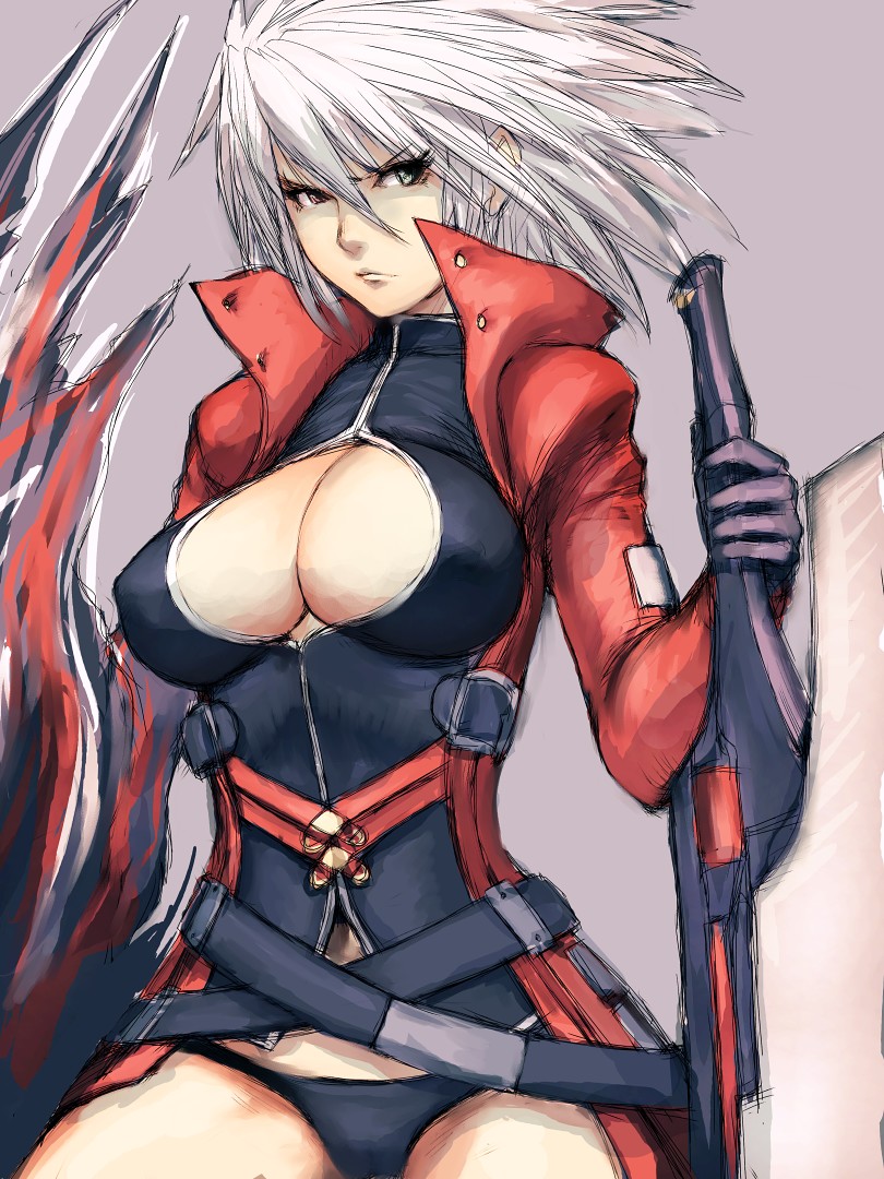 fumio (rsqkr), alpha-01, ragna the bloodedge, arc system works, blazblue, 1girl, belt, breasts, cleavage, cleavage cutout, clothing cutout, female focus, genderswap, genderswap (mtf), heterochromia, large breasts, solo, sword, weapon, white hair