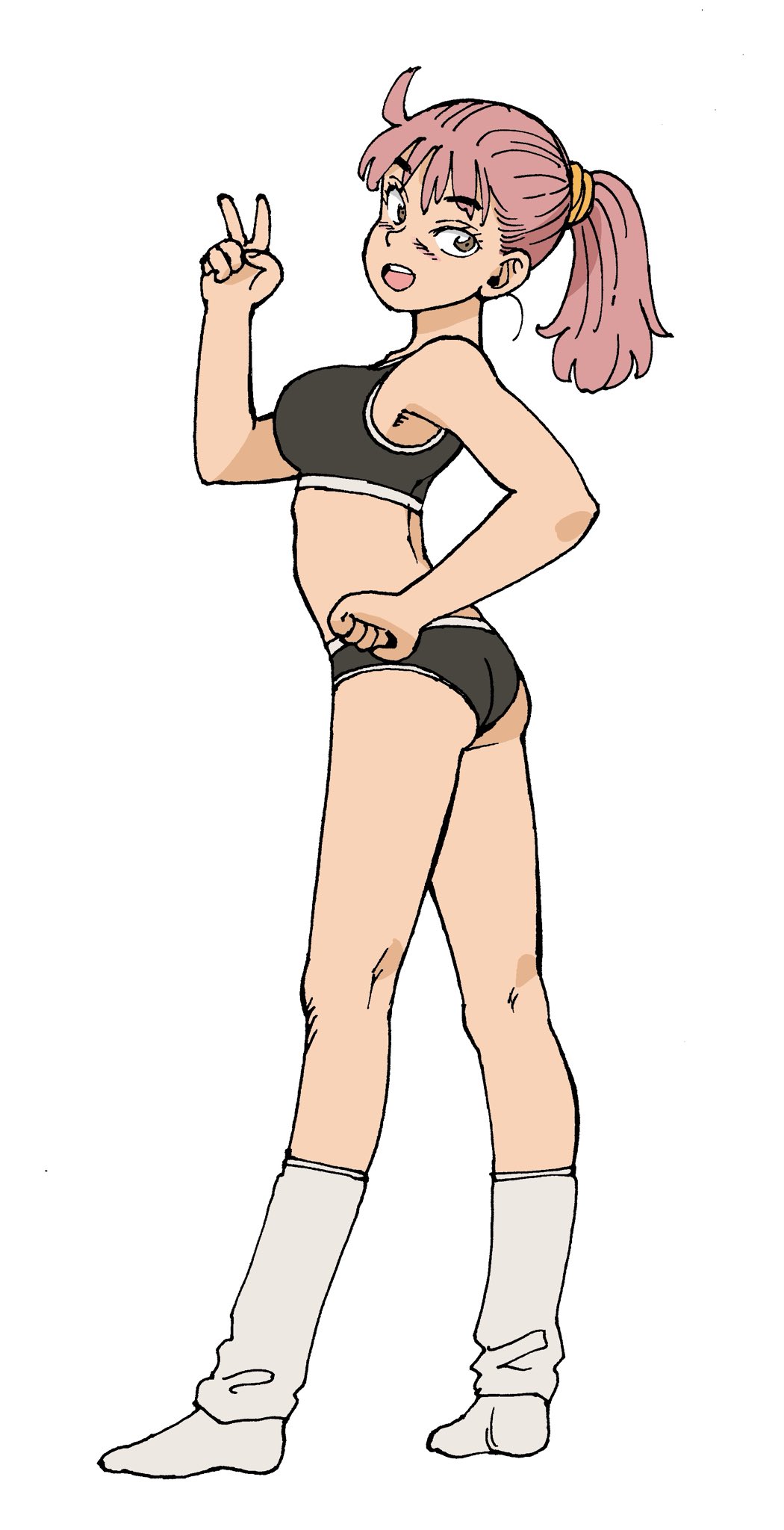 ishiguro masakazu, original, highres, 1girl, :d, ass, black panties, black sports bra, bra, breasts, brown eyes, from side, full body, hand on own hip, hand up, long hair, looking at viewer, looking back, loose socks, medium breasts, open mouth, panties, pink hair, ponytail, simple background, smile, socks, solo, sports bra, standing, teeth, underwear, upper teeth only, v, white background, white socks