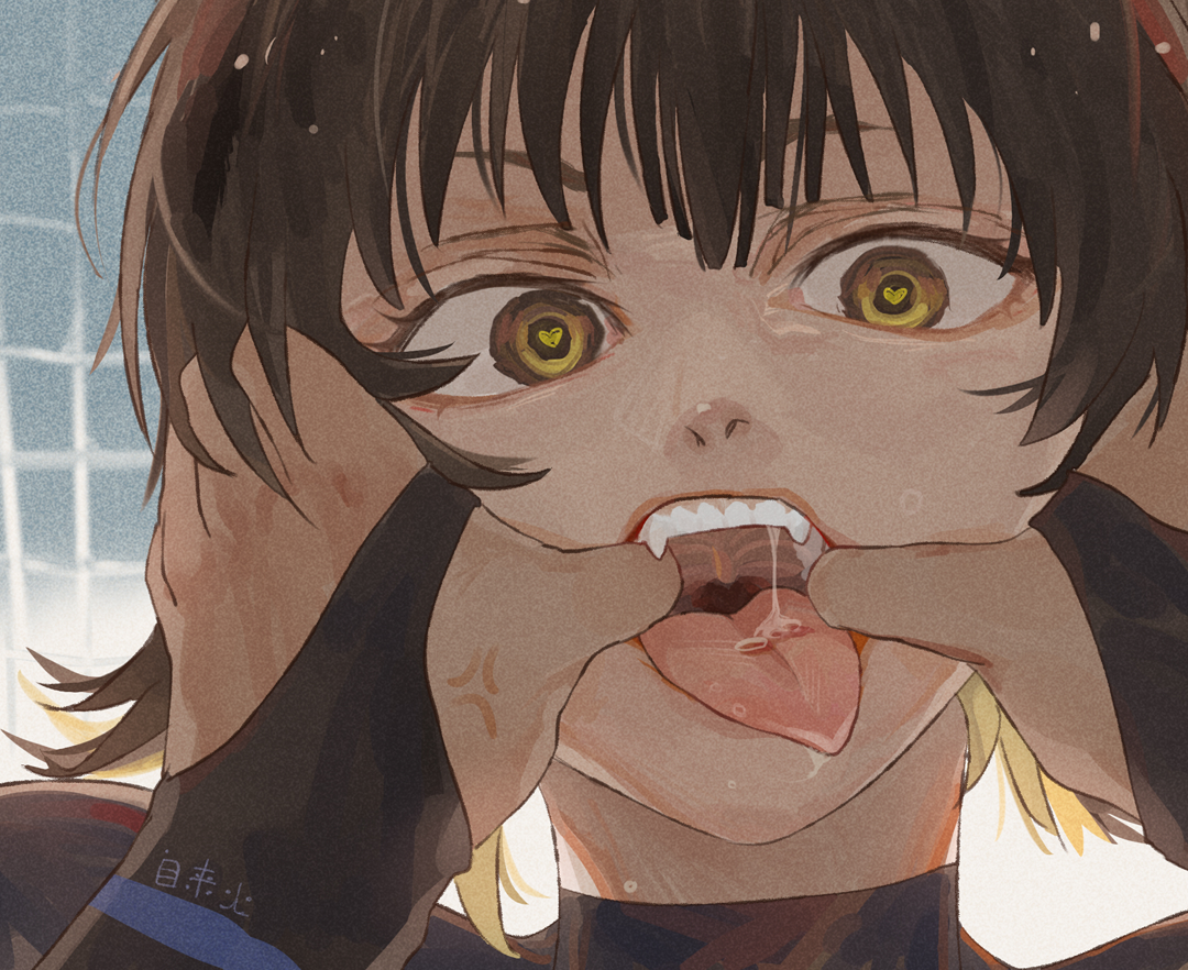 zilaihuoye, bachira meguru, blue lock, commentary request, 2boys, anger vein, black hair, blonde hair, blue lock bodysuit, fangs, heart, heart-shaped pupils, male focus, mouth pull, multicolored hair, multiple boys, open mouth, saliva, short hair, solo focus, symbol-shaped pupils, teeth, tongue, tongue out, two-tone hair, yellow eyes