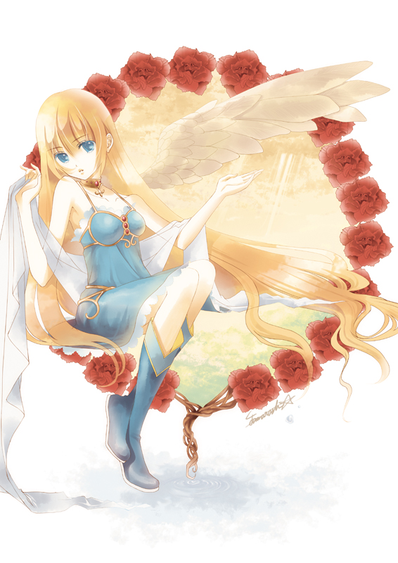 okuma mai, aphrodite (mythology), greek mythology, bad id, bad pixiv id, 1girl, blonde hair, blue eyes, female focus, flower, long hair, shawl, solo, very long hair, wings