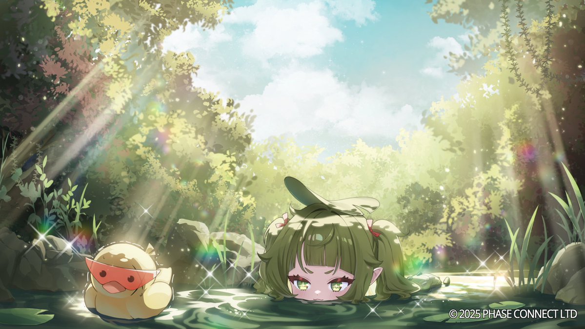 gyool, nitya nil, phase connect, 1girl, bird, closed mouth, cloud, copyright notice, duck, feral instincts, green eyes, green hair, hair ribbon, lily pad, moon phases, orange-tinted eyewear, red ribbon, ribbon, sky, sparkle, tinted eyewear, tree, virtual youtuber, water