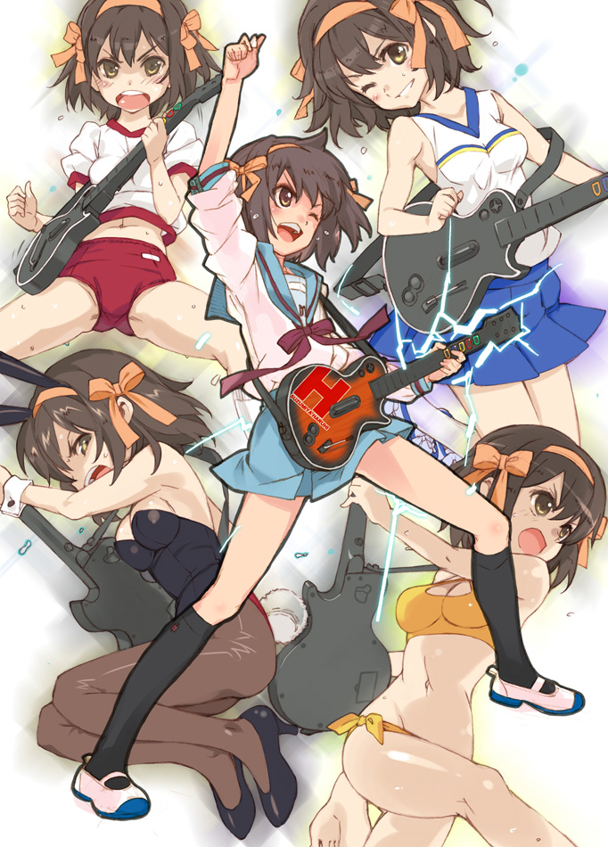 murasawa hiroshi, suzumiya haruhi, guitar hero, suzumiya haruhi no yuuutsu, 00s, 1girl, animal ears, bikini, black socks, brown eyes, brown hair, buruma, cheerleader, electricity, fake animal ears, guitar, gym uniform, hairband, instrument, kneehighs, lightning, one eye closed, pantyhose, playboy bunny, rabbit ears, school uniform, serafuku, shoes, short hair, socks, sweat, swimsuit, uwabaki, wink