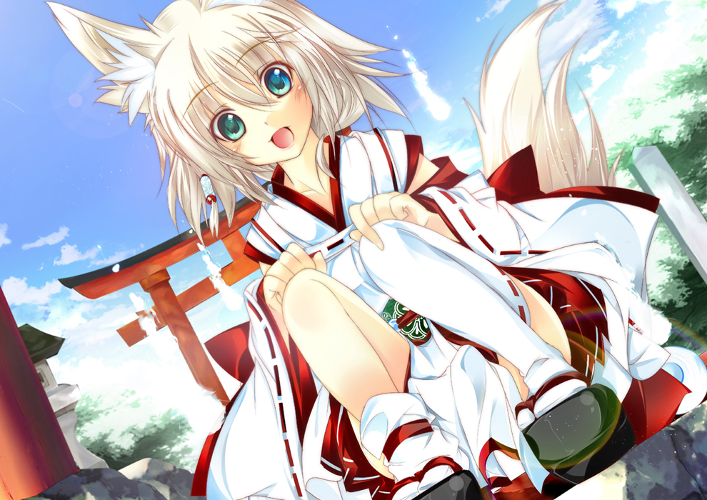 shirokitsune, original, bad id, bad pixiv id, 1girl, animal ears, blonde hair, blue eyes, detached sleeves, dutch angle, female focus, fox ears, hair ornament, japanese clothes, miko, okobo, open mouth, platform sandals, sandals, solo, squatting, tail, thighhighs, torii