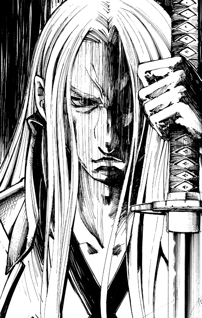 sephiroth, final fantasy, final fantasy vii, 1990s (style), 1boy, close-up, greyscale, holding sword, katana, long hair, male focus, monochrome, solo, sword, weapon, white hair