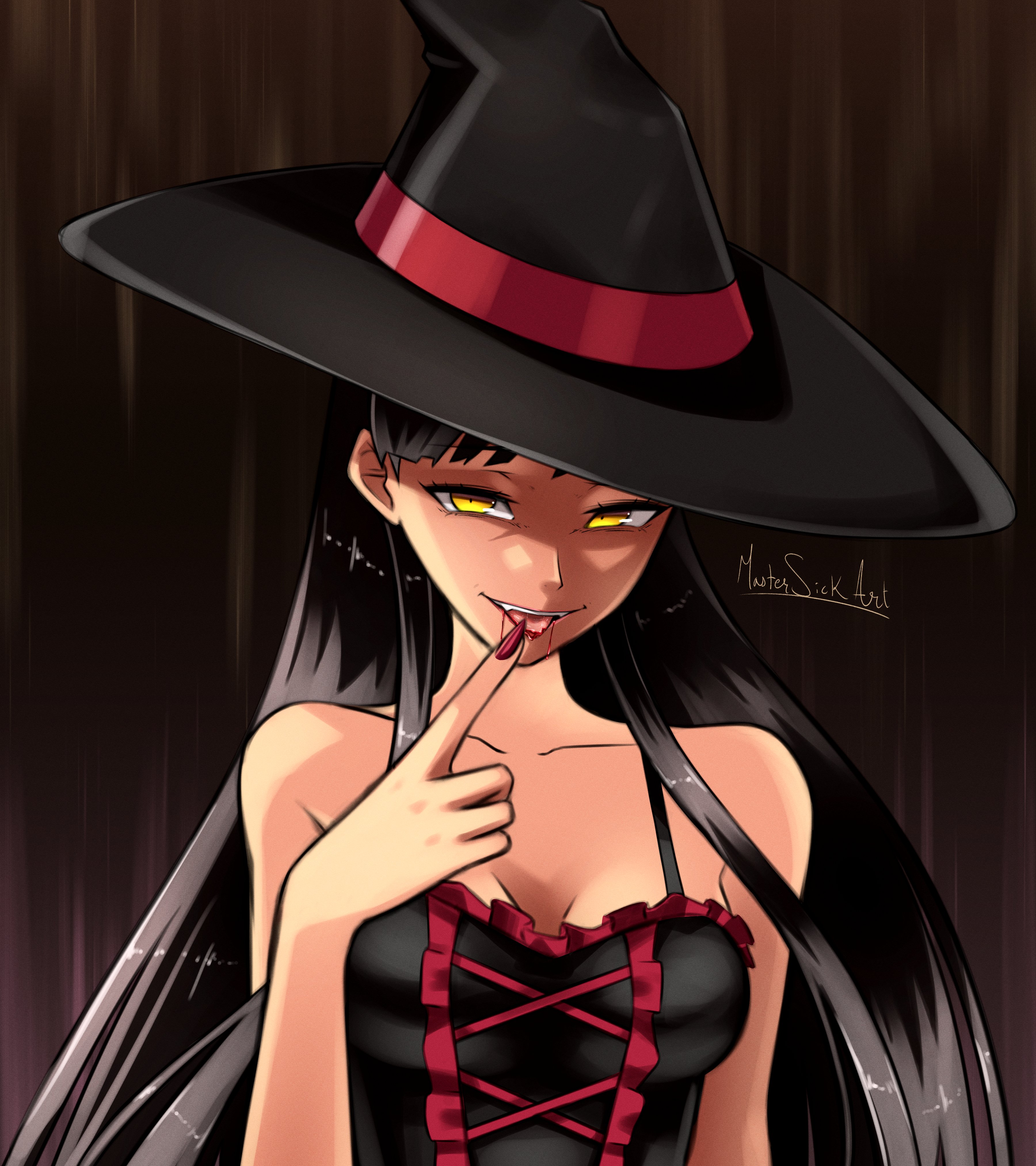 master sick art, amagi yukiko, shadow (persona), shadow yukiko, persona, persona 4, absurdres, commentary, english commentary, highres, 1girl, arm at side, armpit crease, artist name, bare shoulders, black hair, black shirt, blood, blood from mouth, blunt bangs, breasts, brown background, cross-laced clothes, cross-laced top, fingernails, halloween costume, hand up, hat, lace, lace-trimmed shirt, lace trim, large hat, licking, licking finger, long fingernails, long hair, looking at viewer, medium breasts, nail polish, open mouth, portrait, red nails, shirt, sleeveless, sleeveless shirt, solo, spaghetti strap, teeth, tongue, tongue out, upper teeth only, witch hat, yellow eyes