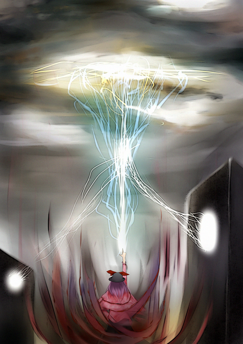 metalwasabi, nagae iku, touhou, bad id, bad pixiv id, 1girl, female focus, lightning, pointing, solo
