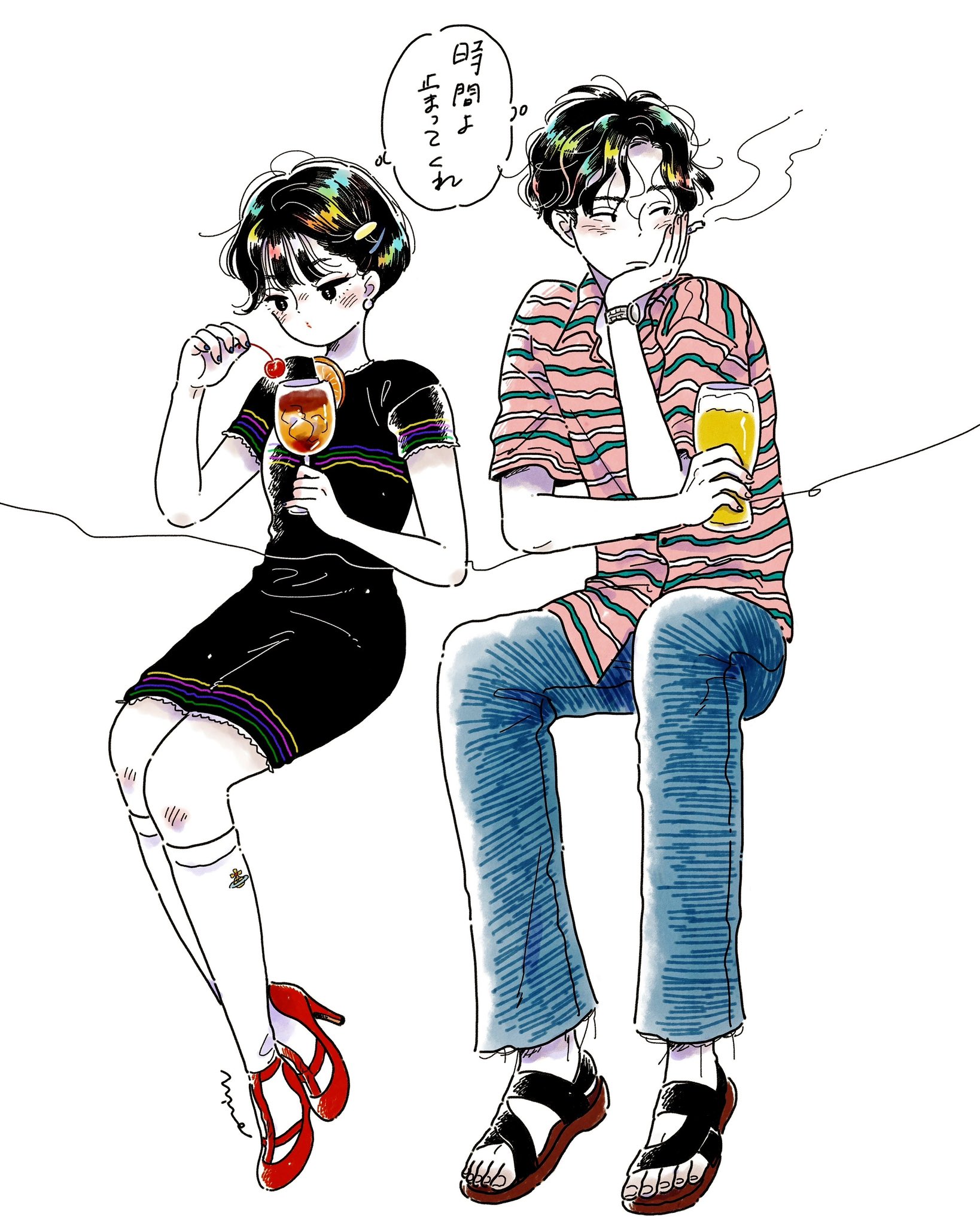 emamemamo33, original, commentary, highres, translated, 1girl, alcohol, beer, black dress, black eyes, black hair, blush, cherry, cigarette, cocktail, collared shirt, colored skin, crossed arms, cup, denim, dress, fingernails, food, fruit, full body, high heels, holding, holding cigarette, holding cup, iridescent hair, jeans, kneehighs, long shirt, looking to the side, nail polish, pants, pink shirt, red shoes, sandals, shirt, shoes, signature, simple background, socks, speech bubble, thought bubble, white background, white skin