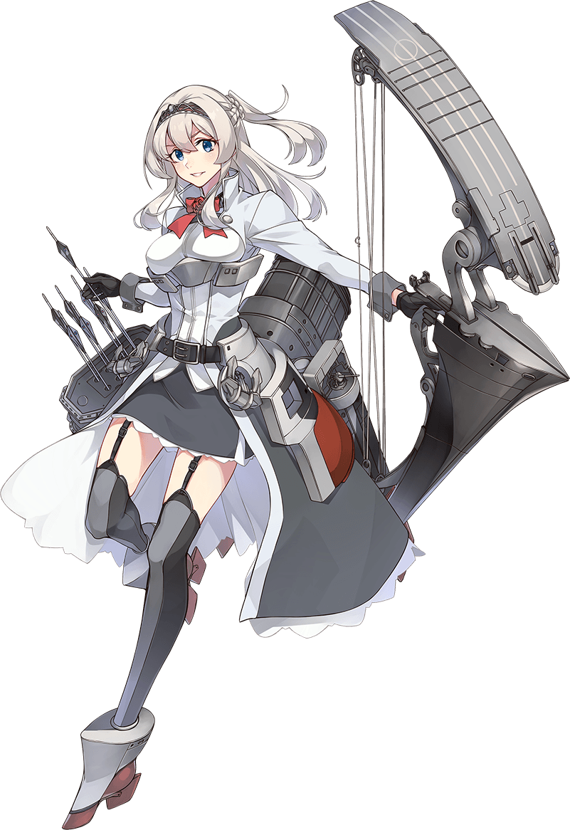 konishi (koconatu), glorious (kancolle), kantai collection, bad link, official art, 1girl, arrow (projectile), belt, black belt, black gloves, black skirt, blue eyes, bow, bow (weapon), breasts, compound bow, flower, full body, garter straps, gloves, grey hair, grey thighhighs, jacket, machinery, medium breasts, military uniform, one side up, parted lips, quiver, red bow, red flower, red rose, rose, skirt, smile, smokestack, solo, thighhighs, tiara, transparent background, weapon, white jacket
