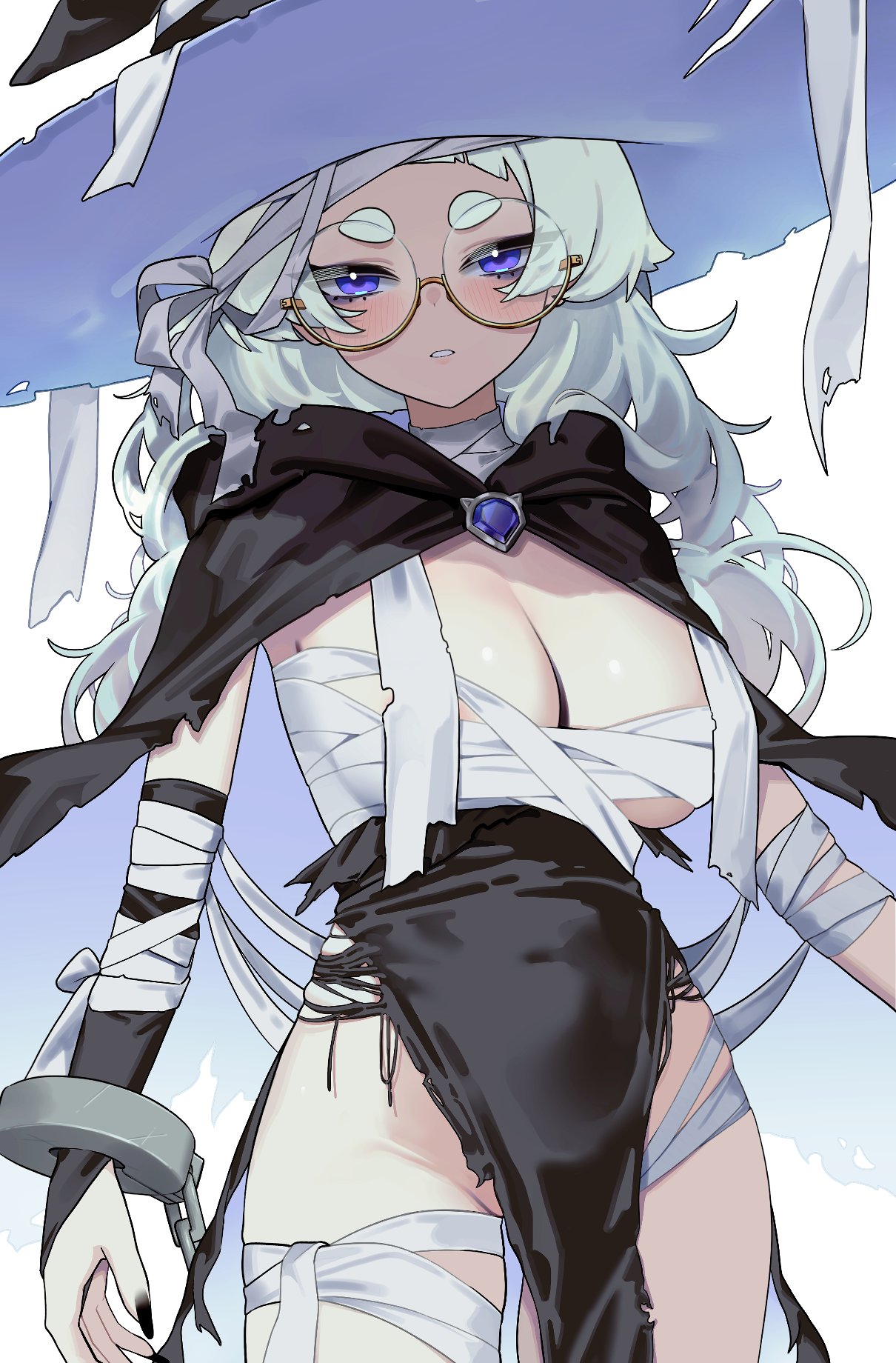 wakamepiza, meg (wakamepiza), original, highres, 1girl, bandaged arm, bandaged leg, bandages, black bridal gauntlets, blush, breasts, bridal gauntlets, budget sarashi, chest sarashi, cleavage, glasses, hat, large breasts, long hair, pelvic curtain, purple eyes, round eyewear, sarashi, solo, thick eyebrows, white hair, witch, witch hat, yellow-framed eyewear