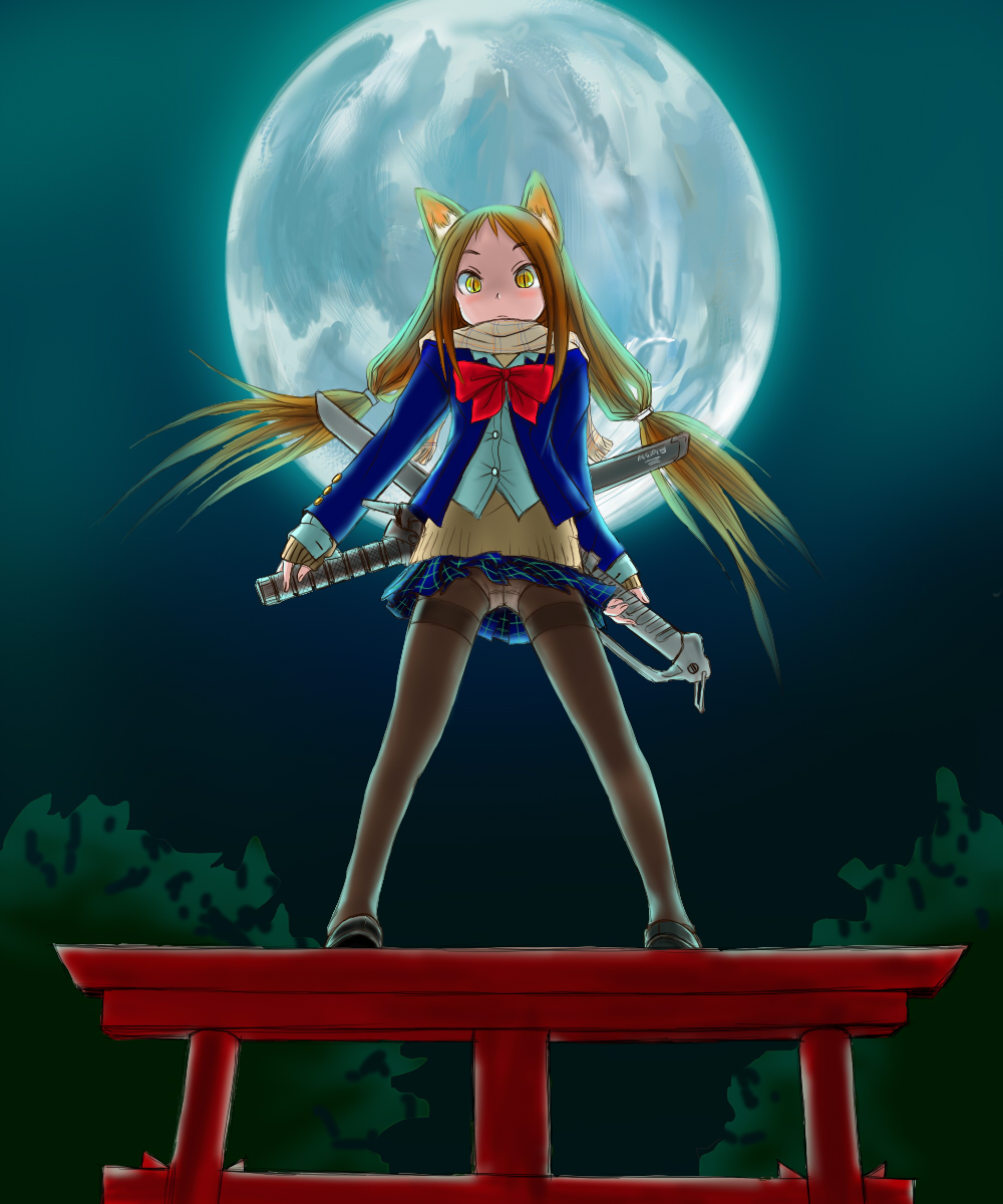 retsumaru, original, highres, 1girl, animal ears, blush, brown eyes, brown hair, crotch seam, female focus, fox ears, full moon, legs, long hair, moon, night, panties, panties under pantyhose, pantyhose, pantyshot, scarf, school uniform, skirt, sky, slit pupils, solo, sword, thighband pantyhose, torii, tree, underwear, upskirt, weapon, yellow eyes