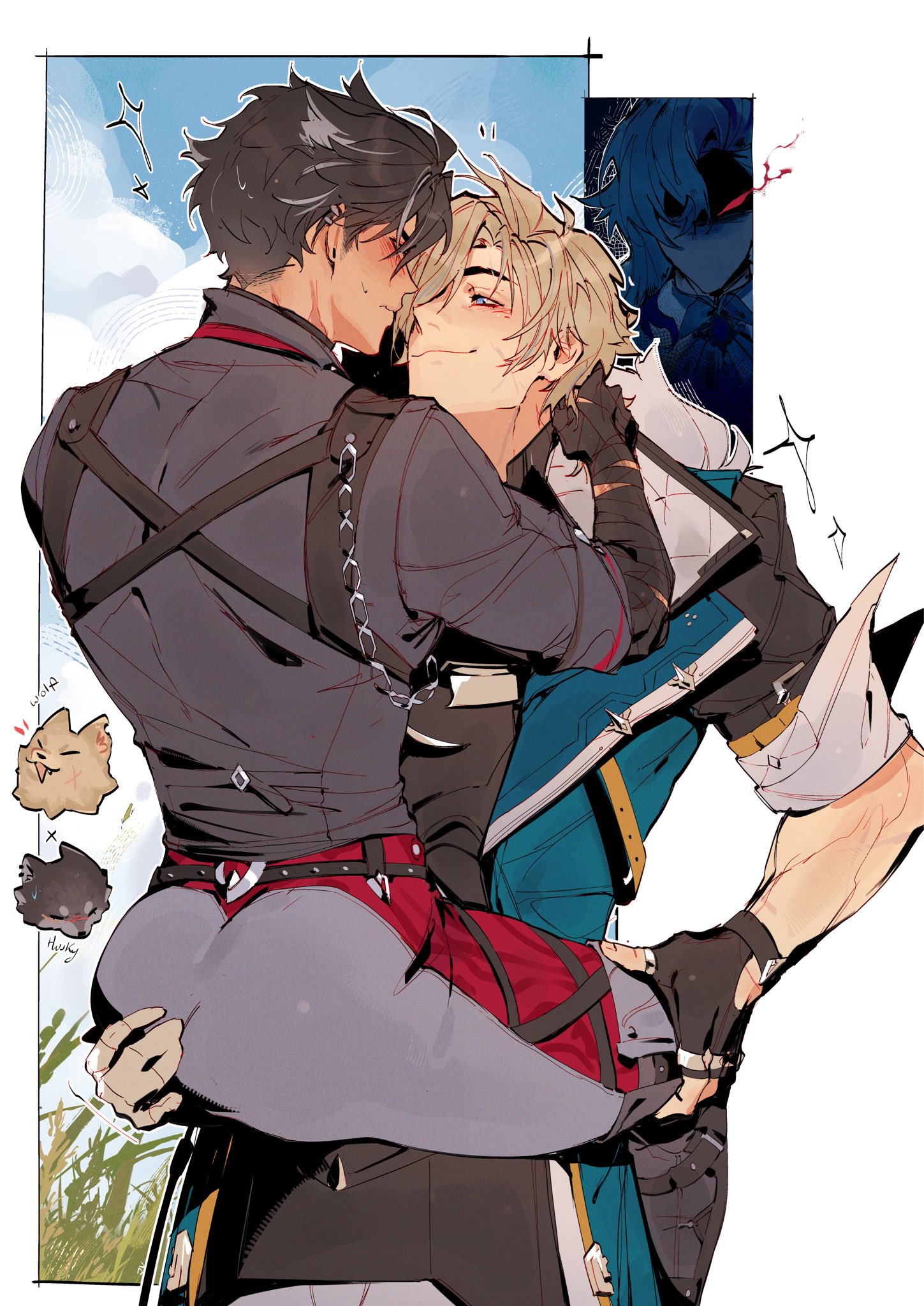 jv0202021, neuvillette (genshin impact), varka (genshin impact), wriothesley (genshin impact), genshin impact, commentary, english commentary, highres, 3boys, angry, ass, black gloves, black hair, blonde hair, blue eyes, blush, carrying, carrying person, closed mouth, ear piercing, earrings, embarrassed, fingerless gloves, gloves, grey hair, grey pants, hand on another's ass, jewelry, looking at another, male focus, mismatched eyebrows, multiple boys, pants, piercing, short hair, yaoi