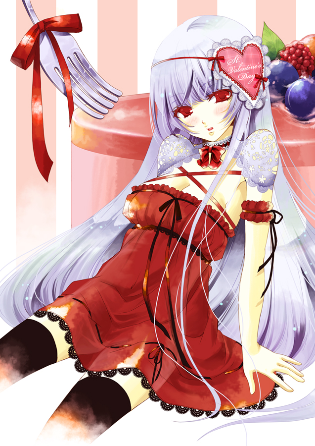 okuma mai, original, bad id, bad pixiv id, blue hair, blush, bow, choker, dress, food, fork, fruit, hair ornament, leaning back, long hair, red eyes, ribbon, sitting, solo, thighhighs, valentine, very long hair, zettai ryouiki