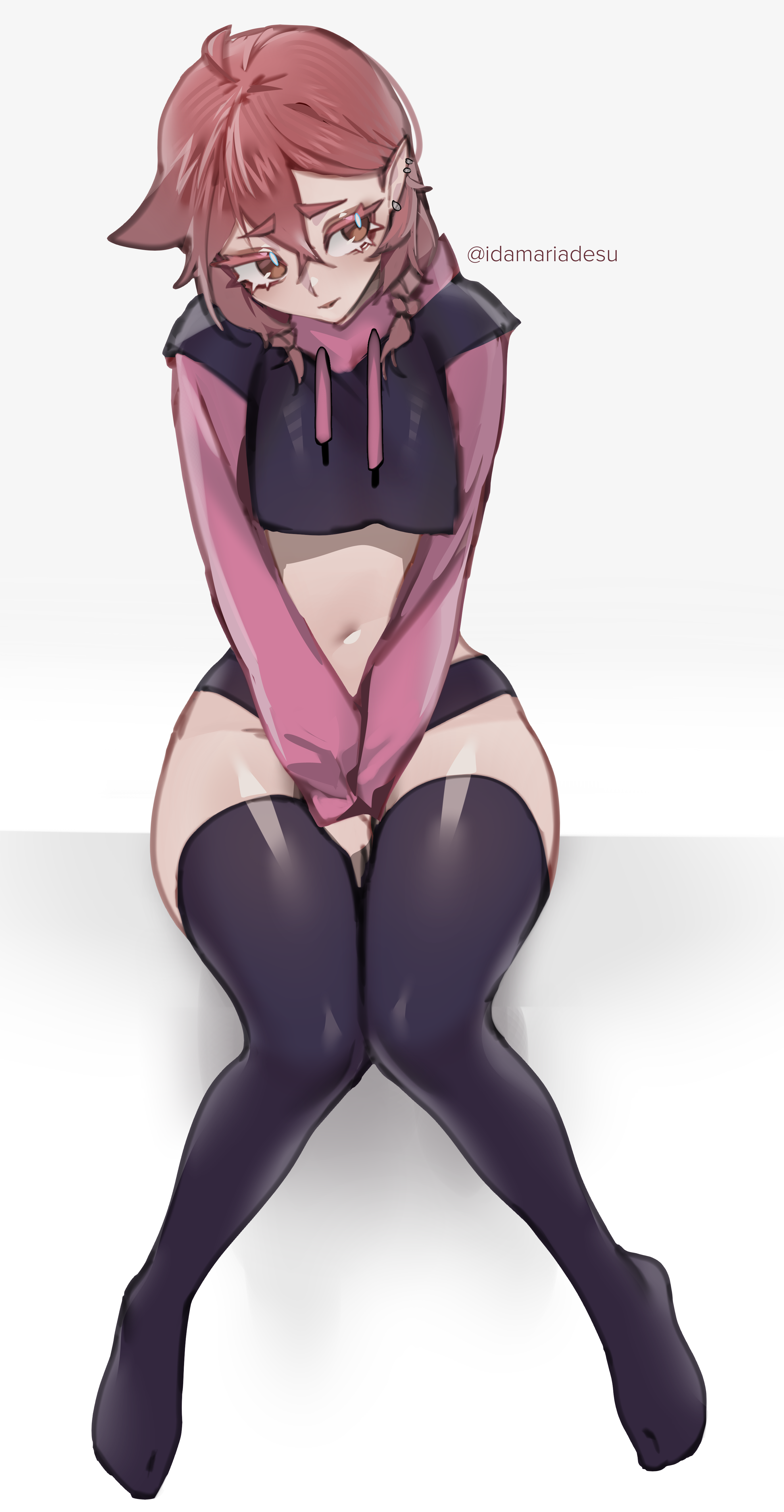 idamaria, original, absurdres, highres, 1girl, between legs, black thighhighs, braid, breasts, brown eyes, brown hair, cropped hoodie, ear piercing, earrings, full body, hair between eyes, hand between legs, hood, hoodie, jewelry, long sleeves, looking to the side, micro shorts, midriff, navel, no shoes, piercing, pointy ears, red hair, short hair, shorts, simple background, sitting, solo, thighhighs, twin braids, twitter username, white background