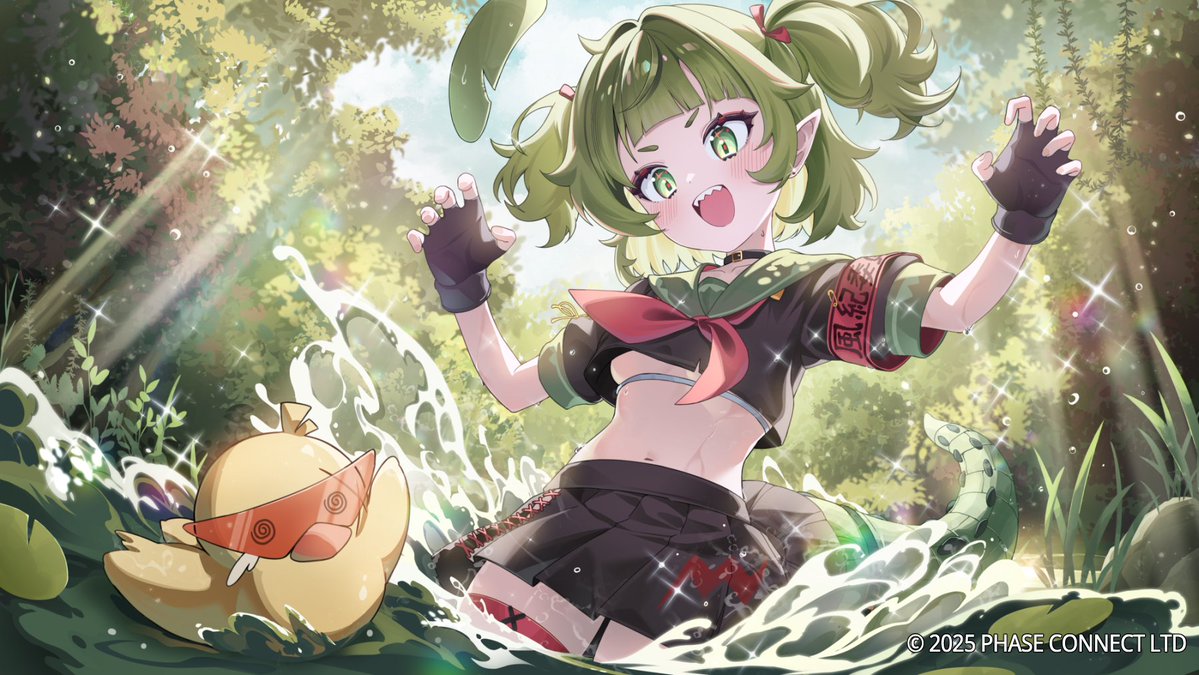 gyool, nitya nil, phase connect, 1girl, armband, bird, black gloves, black serafuku, black shirt, black skirt, cloud, copyright notice, duck, fingerless gloves, gloves, green eyes, green hair, green sailor collar, hair ribbon, lily pad, midriff, moon phases, navel, neckerchief, open mouth, orange-tinted eyewear, pleated skirt, pointy ears, red armband, red neckerchief, red ribbon, ribbon, sailor collar, school uniform, serafuku, sharp teeth, shirt, skirt, sky, sparkle, splashing, teeth, tinted eyewear, tree, virtual youtuber, water, wet