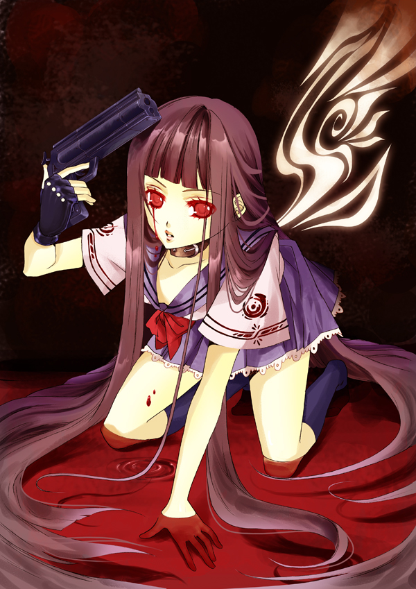 okuma mai, bad id, bad pixiv id, all fours, blood, collar, gloves, gun, long hair, purple hair, red eyes, school uniform, serafuku, solo, very long hair, weapon, wings