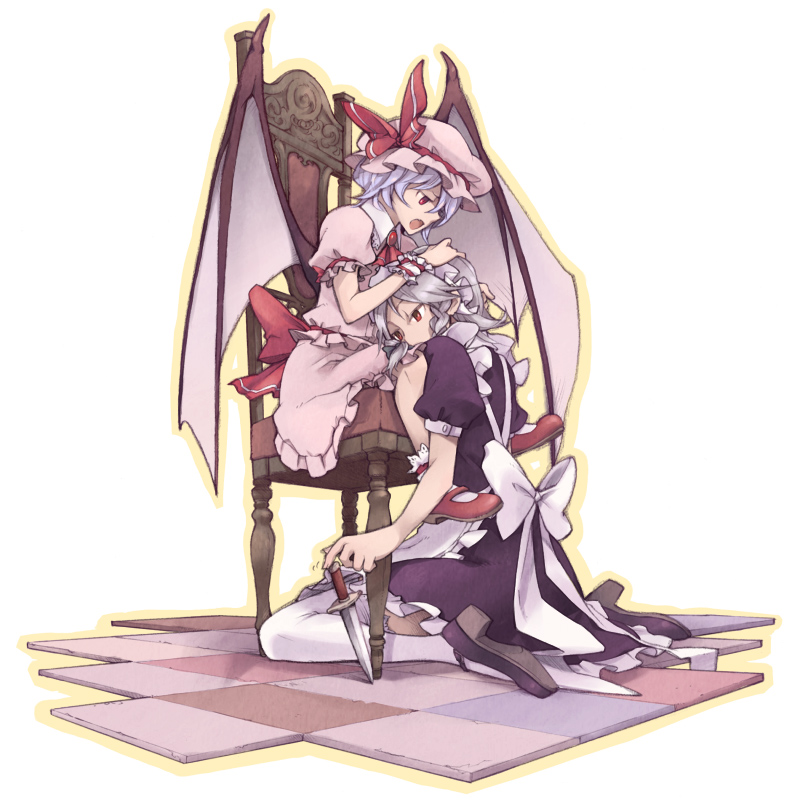 nakatani, izayoi sakuya, remilia scarlet, touhou, silver hair, 2girls, bat wings, blue hair, braid, chair, female focus, hands on another's head, hat, hug, kneeling, knife, lap pillow, multiple girls, open mouth, red eyes, short hair, sitting, wings, yuri