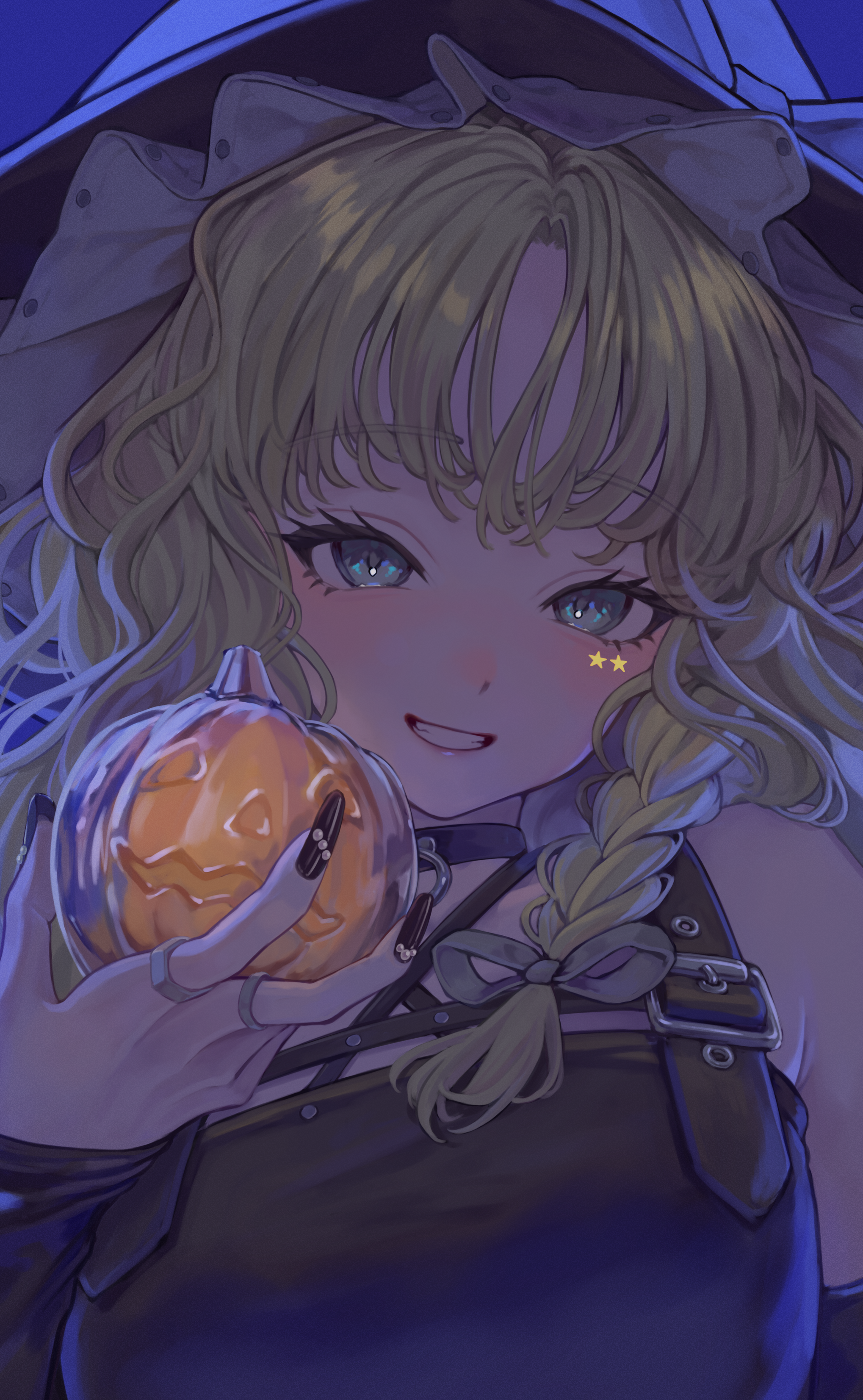 torinari (dtvisu), kirisame marisa, touhou, absurdres, highres, 1girl, alternate costume, armpit crease, black choker, black hat, black nails, black shirt, blonde hair, blush, bow, braid, buckle, choker, detached sleeves, facepaint, fingernails, grin, halloween costume, hat, hat bow, jewelry, long fingernails, looking at viewer, nail polish, pumpkin, ring, shirt, single braid, sleeveless, sleeveless shirt, smile, solo, star (symbol), suspenders, upper body, white bow, witch hat