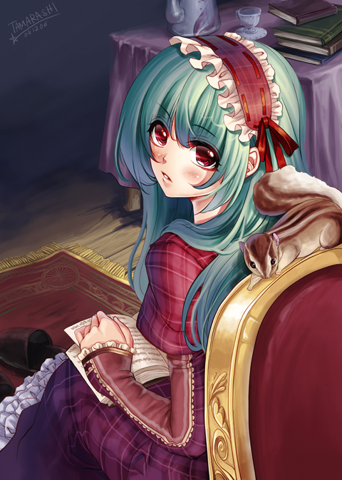 okuma mai, original, bad id, bad pixiv id, animal, blush, book, cup, dress, green hair, hairband, long hair, looking back, red eyes, sitting, slippers, solo, squirrel, teacup