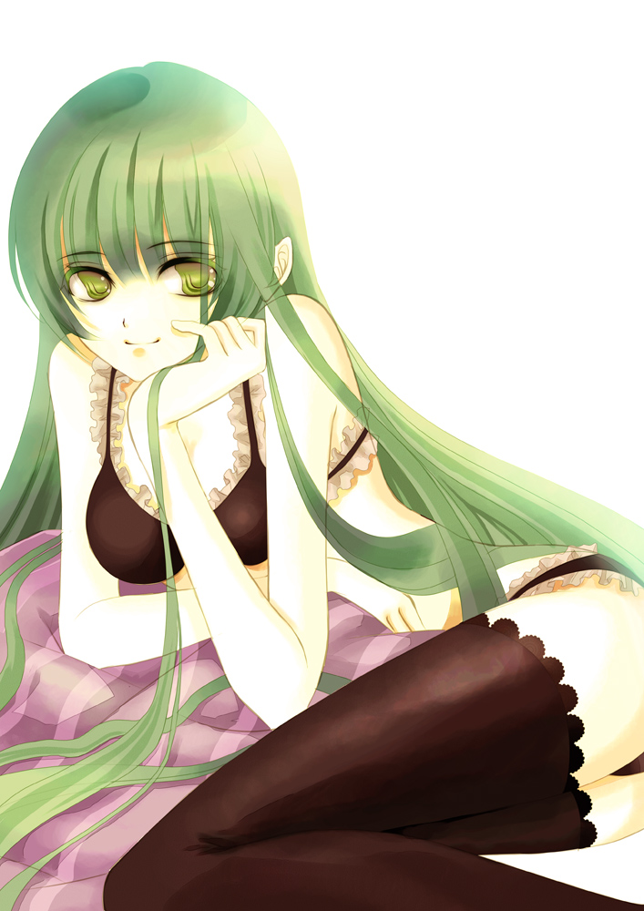 okuma mai, original, bad id, bad pixiv id, 1girl, bra, female focus, green eyes, green hair, lace, lace-trimmed panties, lace trim, lingerie, long hair, lying, matching hair/eyes, panties, smile, solo, thighhighs, underwear, underwear only, very long hair