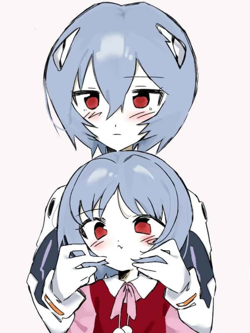 sao (55 nyu), ayanami rei, neon genesis evangelion, commentary request, highres, spoilers, 2girls, :c, :|, age difference, aged down, blue hair, blush, bodysuit, cheek squash, clone, closed mouth, collared dress, crossed bangs, dress, dual persona, expressionless, front-to-back, frown, hair between eyes, height difference, interface headset (evangelion), layered dress, looking at viewer, loose hair strand, mecha pilot suit, multiple girls, pale skin, parted bangs, pink dress, plugsuit (evangelion), pom pom (clothes), red-framed eyewear, red eyes, short hair, simple background, upper body, white background, white bodysuit