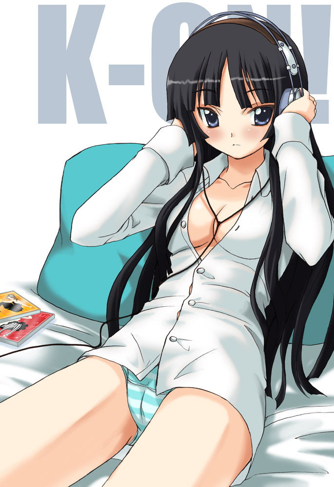 yano takumi, akiyama mio, akg, k-on!, 00s, 1girl, akg k-series headphones, bed, black eyes, black hair, breasts, cameltoe, cd, cleavage, female focus, headphones, long hair, lying, panties, pillow, solo, striped clothes, striped panties, underwear