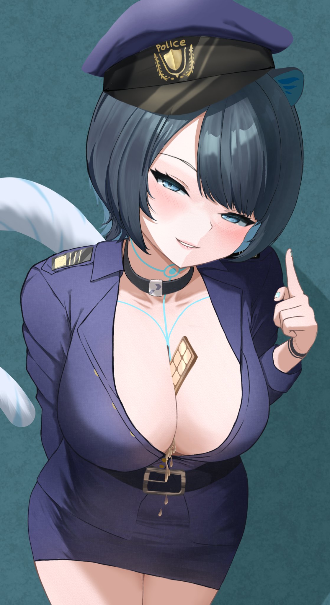 fienly, erina makina, phase connect, highres, 1girl, animal ears, belt, between breasts, black belt, black hair, blue eyes, blue hair, blue nails, body markings, breasts, candy, chocolate, chocolate bar, cleavage, colored inner hair, food, hat, large breasts, multicolored hair, parted lips, pencil skirt, police, police uniform, policewoman, skirt, solo, tail, tiger ears, tiger girl, tiger tail, virtual youtuber
