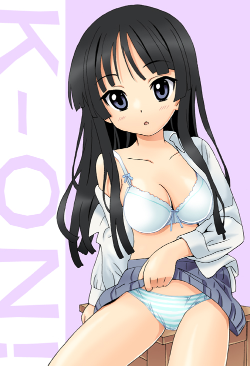 homing (areya), akiyama mio, k-on!, 00s, 1girl, black eyes, black hair, bra, clothes lift, female focus, lingerie, long hair, open clothes, open shirt, panties, school uniform, shirt, skirt, skirt lift, solo, striped clothes, striped panties, underwear