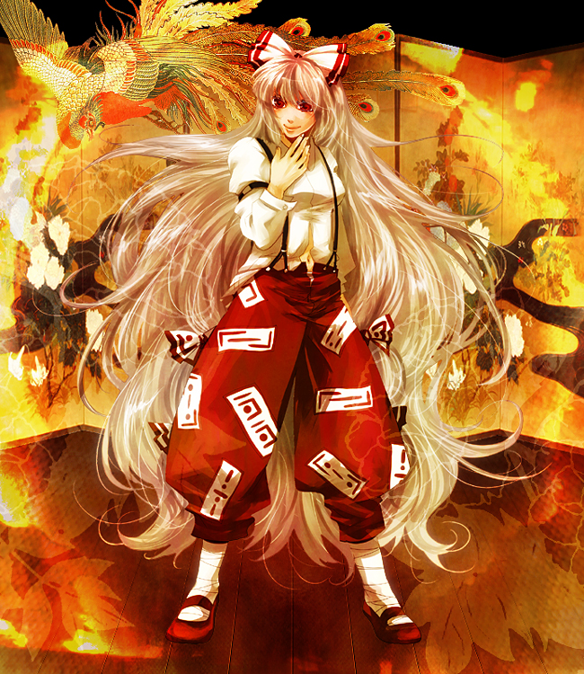 bobusan, fujiwara no mokou, touhou, silver hair, bad id, bad pixiv id, 1girl, bow, female focus, full body, hair bow, hair ribbon, long hair, multiple hair bows, red eyes, ribbon, solo, standing