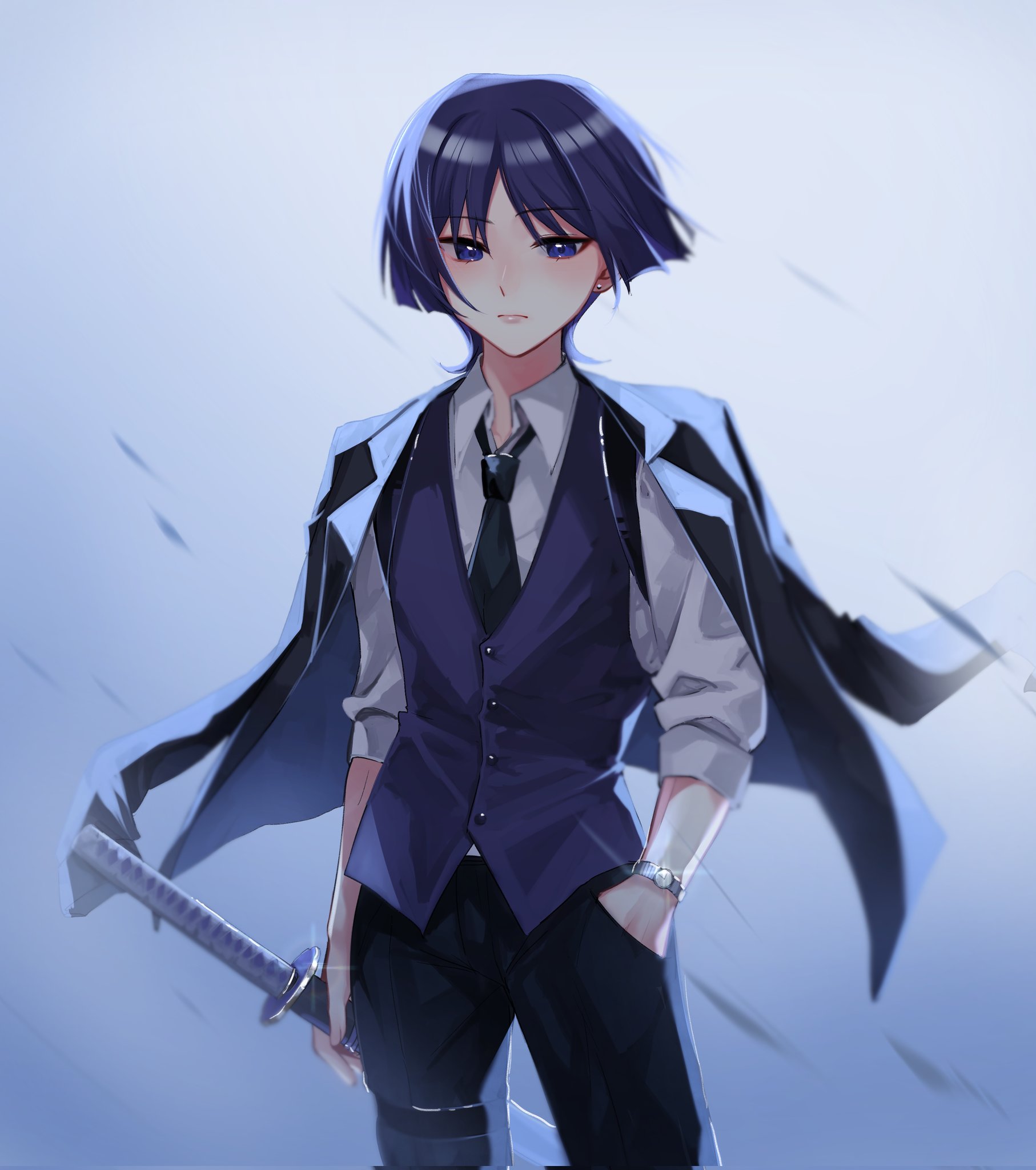 yoontrsh, scaramouche (genshin impact), genshin impact, highres, 1boy, alternate costume, arms at sides, black jacket, black necktie, black pants, black suit, blunt ends, closed mouth, collared shirt, contemporary, cowboy shot, earrings, eyelashes, eyeliner, eyeshadow, formal clothes, glint, hand in pocket, holding, holding sword, holding weapon, jacket, jacket on shoulders, jewelry, katana, looking at viewer, makeup, male focus, necktie, pants, parted bangs, purple eyes, purple hair, purple vest, red eyeliner, red eyeshadow, sheath, sheathed, shirt, solo, suit, suit jacket, sword, thigh strap, three-quarter sleeves, tsurime, vest, watch, weapon, white shirt, white sleeves, wispy bangs, wristwatch