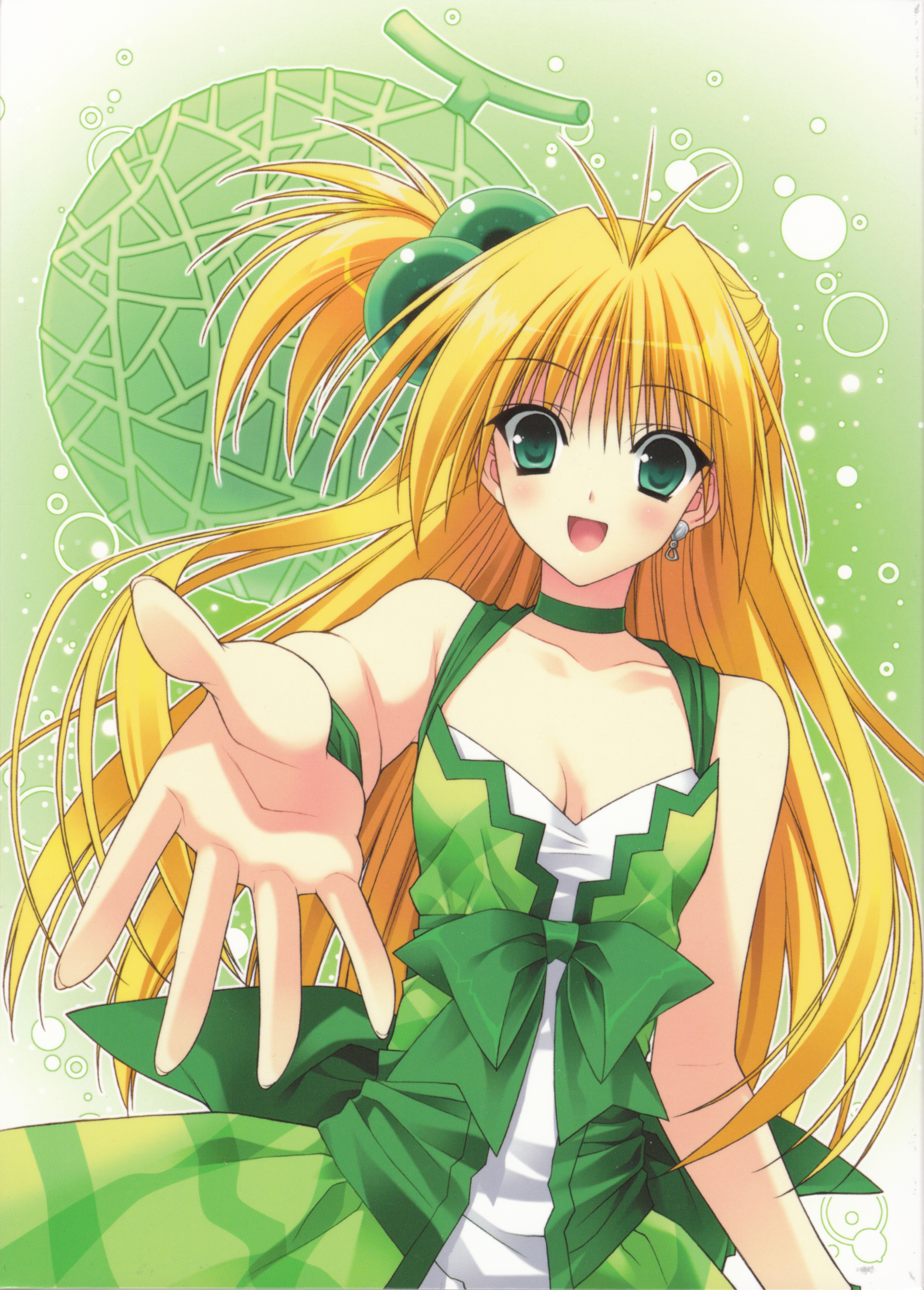 suzuhira hiro, melon (akikan), akikan!, absurdres, highres, 00s, 1girl, :d, bare shoulders, blonde hair, blush, bow, breasts, breasts apart, choker, cleavage, collarbone, dress, dress bow, earrings, female focus, food, foreshortening, fruit, green background, green eyes, green theme, hair intakes, hair ornament, jewelry, long hair, looking at viewer, melon, open mouth, reaching, reaching towards viewer, ribbon, simple background, single earring, smile, solo, sphere hair ornament, very long hair
