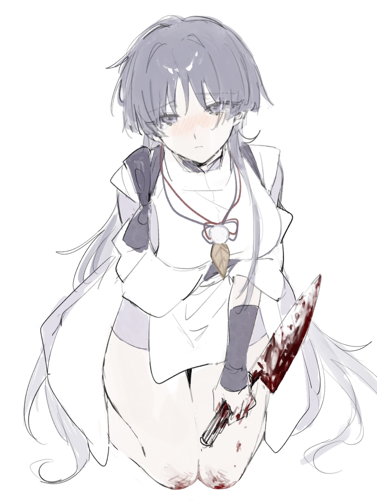 w02 14, scaramouche (genshin impact), scaramouche (kabukimono) (genshin impact), genshin impact, highres, 1girl, arm at side, arm on own stomach, arm under breasts, black bow, blood, blood on leg, bloody knife, blunt ends, bow, breasts, clenched hand, clothing cutout, eyelashes, genderswap, genderswap (mtf), grey eyes, grey hair, holding, holding knife, knife, large breasts, layered sleeves, long hair, looking at viewer, pelvic curtain, purple eyes, purple sleeves, shoulder cutout, solo, tasuki, tearing up, tears, three-quarter sleeves, tsurime, very long hair, white background, white sleeves, wispy bangs