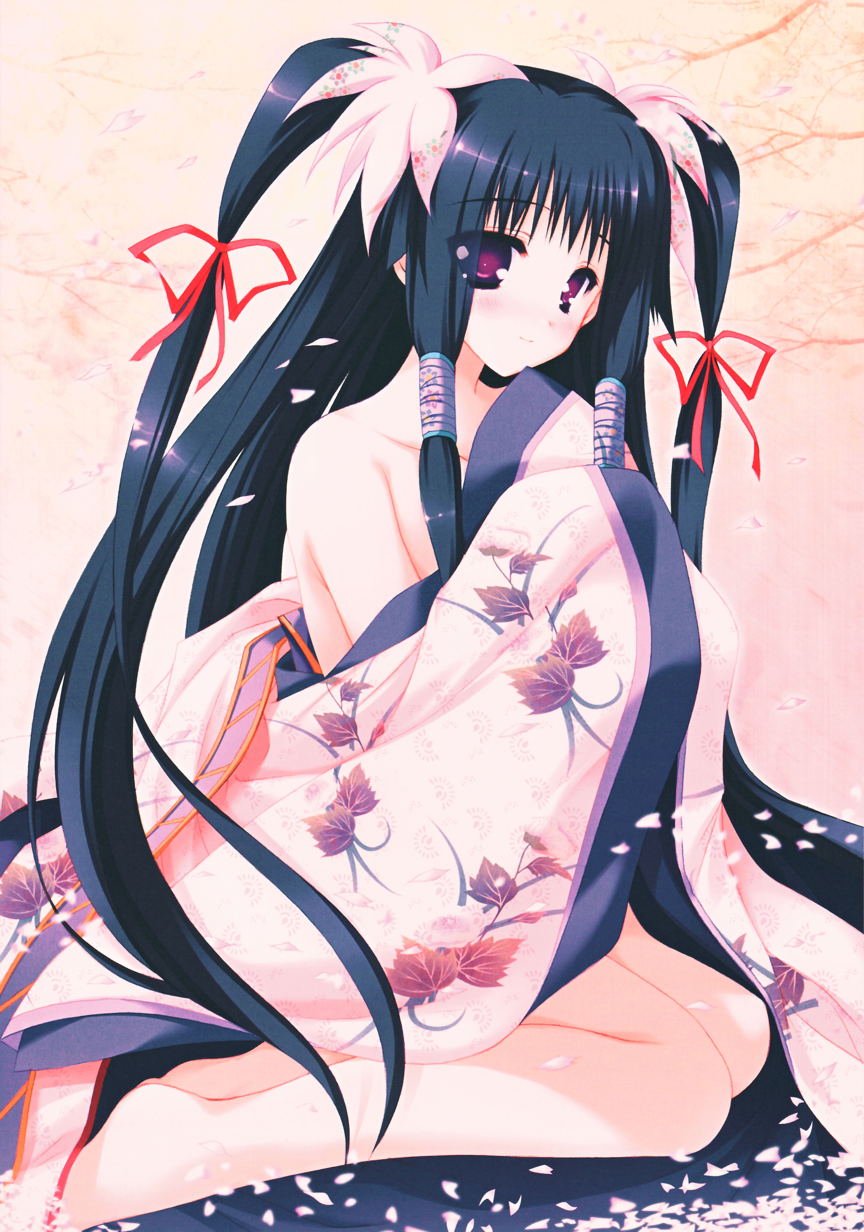 moekibara fumitake, ousuki konome, itsuka todoku ano sora ni, absurdres, highres, blue hair, japanese clothes, kimono, long hair, petals, pink eyes, solo