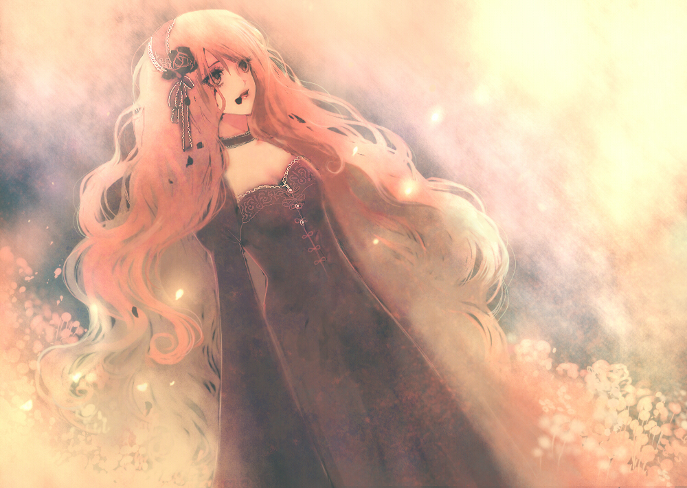 uno (artist), uno (colorbox), original, 1girl, black dress, blonde hair, brown eyes, choker, dress, female focus, flower, long hair, maid headdress, petals, solo, very long hair