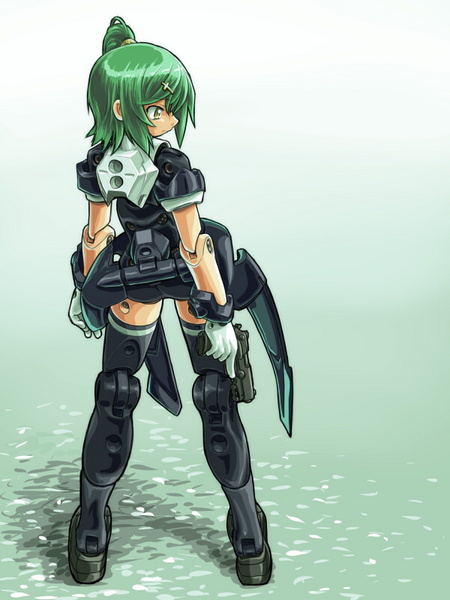 dd (ijigendd), harmony grace, busou shinki, resized, 1girl, cross, doll joints, green hair, gun, mecha musume, pixiv thumbnail, solo, weapon, yellow eyes