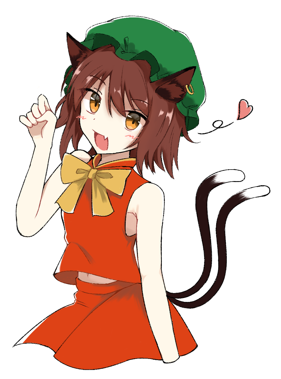 ibara kashipan, chen, touhou, commentary, highres, 1girl, :d, animal ear fluff, animal earrings, animal ears, bare arms, blush, bow, bowtie, brown hair, cat ears, cat girl, cat tail, cropped legs, fang, frilled hat, frills, green hat, hat, heart, midriff peek, mob cap, multiple tails, navel, navel peek, no shirt, open mouth, paw pose, red skirt, red vest, simple background, skin fang, skirt, skirt set, smile, solo, tail, two tails, vest, white background, yellow bow, yellow bowtie