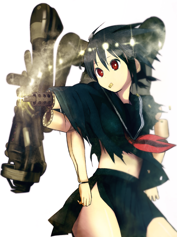 iku ki, original, bad id, bad pixiv id, black hair, bullet, cyborg, gun, mouth hold, red eyes, school uniform, serafuku, short hair, solo, weapon