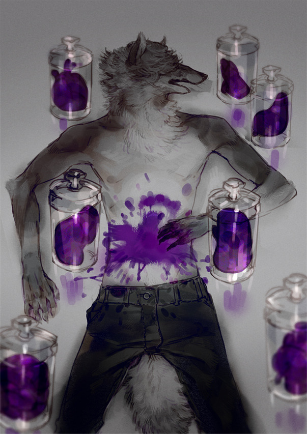 nagabe, original, blood, blood on hands, blood on stomach, body fur, claws, cowboy shot, facing to the side, from above, grey background, grey fur, hair over eyes, hand on own stomach, heart (organ), jar, lying, on back, organs, purple blood, tail, topless male, wolf boy
