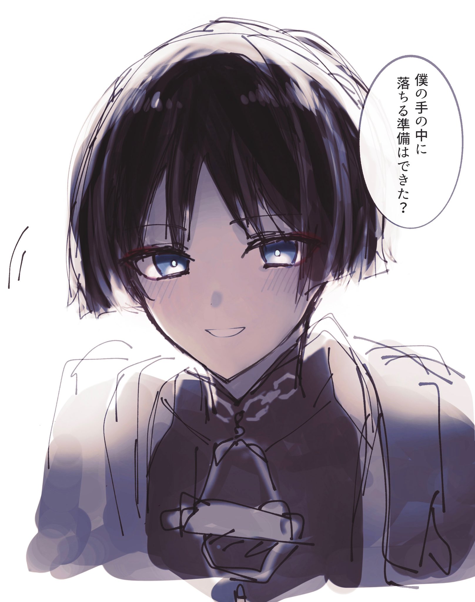 babu babu yume, scaramouche (genshin impact), wanderer (genshin impact), genshin impact, highres, translation request, 1boy, black bodysuit, black hair, blue eyes, blunt ends, blush, bodysuit, bright pupils, cape, covered collarbone, cropped torso, eyeliner, eyeshadow, female pov, grey cape, japanese clothes, kimono, looking at viewer, makeup, male focus, mandarin collar, muted color, open mouth, portrait, pov, red eyeliner, red eyeshadow, shoulder peek, sketch, smile, solo, speech bubble, tsurime, white background, white kimono, white mouth, white pupils