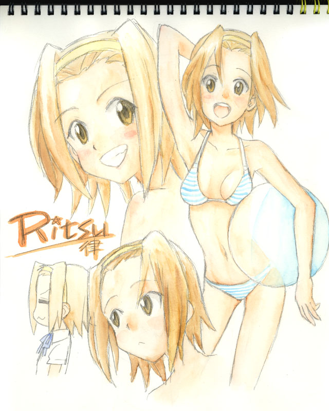 eunos, tainaka ritsu, k-on!, bad id, bad pixiv id, traditional media, 00s, 1girl, :<, :3, = =, ball, beachball, bikini, brown eyes, brown hair, female focus, grin, hairband, open mouth, round teeth, school uniform, short hair, smile, solo, striped bikini, striped clothes, swimsuit, teeth, tomboy, white bikini