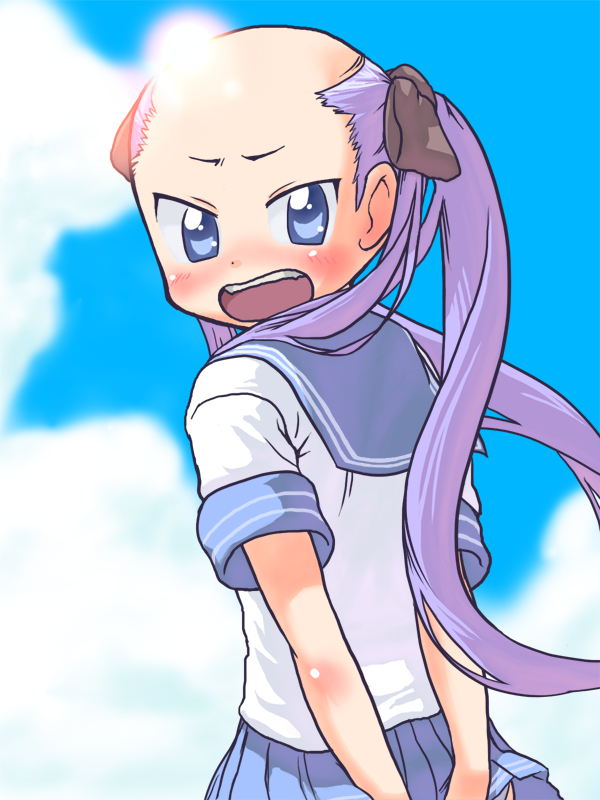 okui misohiko, hiiragi kagami, lucky star, bald female, commentary request, 1girl, alternate hairstyle, bald, balding, blue eyes, blue sailor collar, blue skirt, blue sky, blush, bow, brown bow, cloud, day, glint, hair bow, long hair, looking at viewer, looking back, open mouth, outdoors, pleated skirt, purple hair, sailor collar, school uniform, serafuku, shirt, short sleeves, skirt, sky, solo, twintails, upper body, white shirt