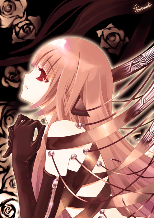 okuma mai, original, bad id, bad pixiv id, 1girl, cable, elbow gloves, electrodes, female focus, flower, gloves, long hair, looking up, pink eyes, pink hair, ribbon, solo, zipper