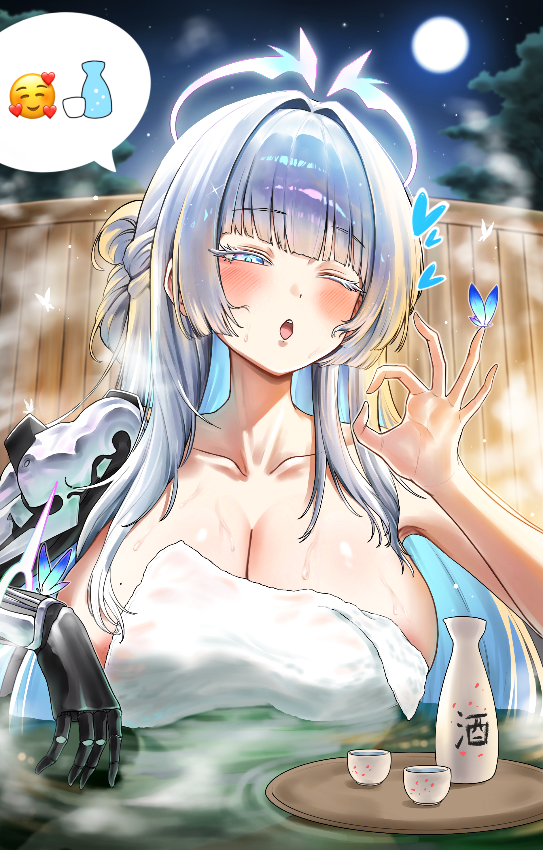 ice bear, nayuta (nikke), goddess of victory: nikke, absurdres, commentary request, highres, 1girl, bottle, breasts, cleavage, collarbone, cup, fellatio gesture, full moon, half-closed eyes, halo, huge breasts, moon, naked towel, night, night sky, onsen, prosthesis, prosthetic arm, sakazuki, sake bottle, sky, solo, spoken expression, towel, white hair