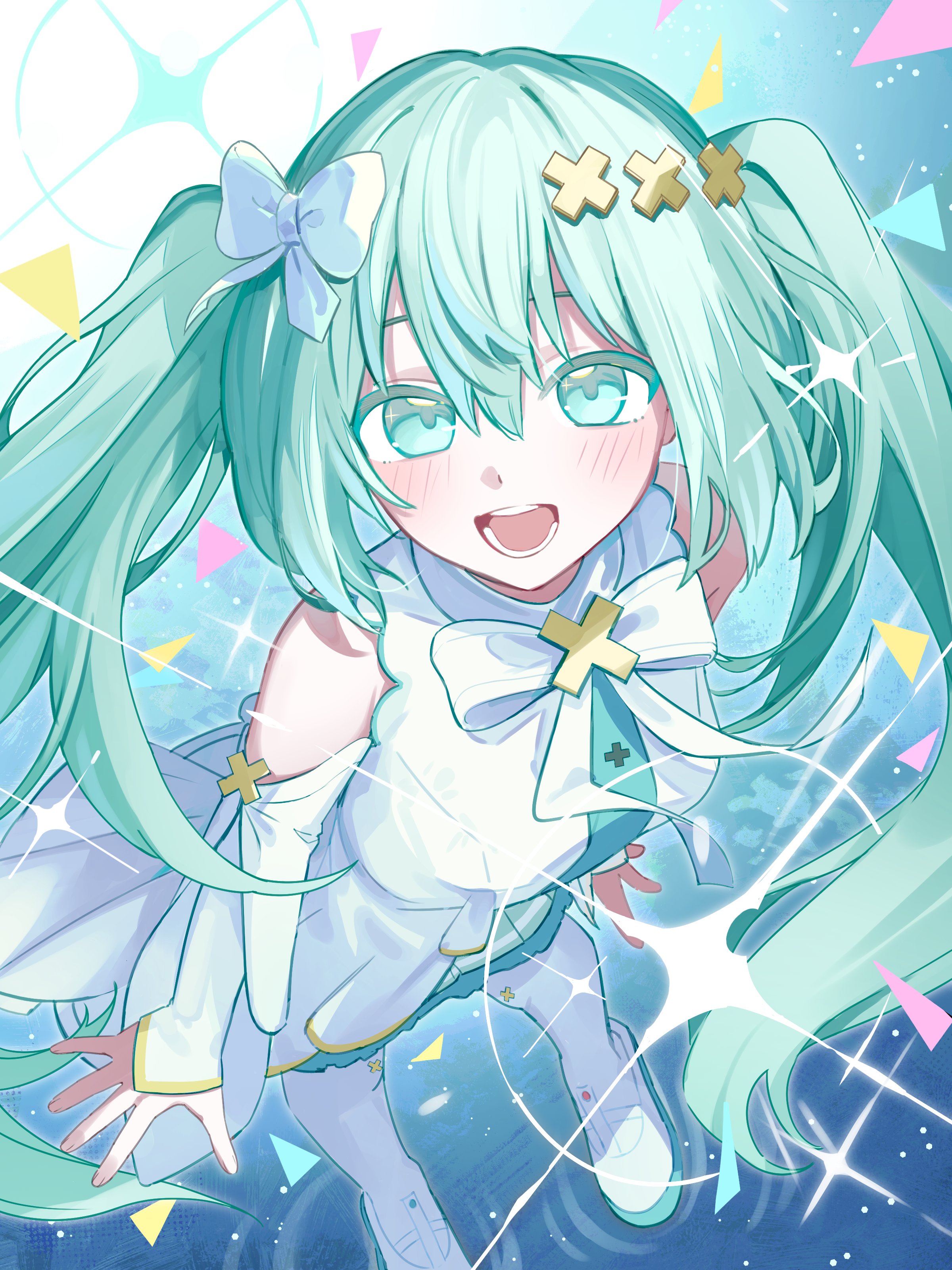 mishio (misio 40), hatsune miku, hiramado miku, kowareta sekai to utaenai miku, project sekai, vocaloid, absurdres, highres, spoilers, 1girl, aqua eyes, aqua hair, aqua skirt, blush, bow, breasts, detached sleeves, dress, hair between eyes, hair bow, hair ornament, long hair, long sleeves, looking at viewer, medium breasts, official alternate costume, open mouth, shoes, skirt, sleeveless, sleeveless dress, smile, solo, teeth, white shoes, x hair ornament