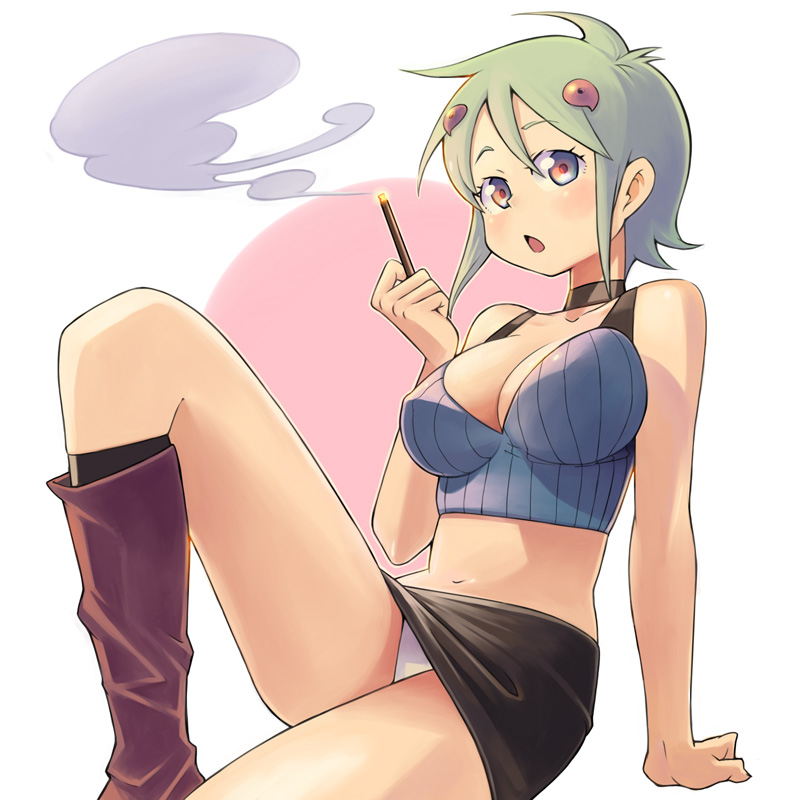 bowieknife, sujata, traumeister, 1girl, :o, arm support, blush, boots, breasts, chestnut mouth, choker, cigarette, cleavage, crop top, female focus, food, green hair, large breasts, legs, midriff, miniskirt, navel, panties, pantyshot, pencil skirt, pocky, short hair, sitting, skirt, smoking, solo, tank top, underwear
