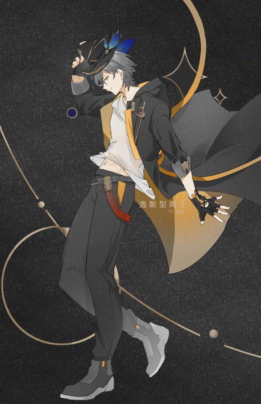 caelus (honkai: star rail), trailblazer (honkai: star rail), honkai: star rail, honkai (series), highres, 1boy, artist name, black background, black coat, black gloves, black hat, black pants, boots, closed mouth, coat, fingerless gloves, floating clothes, full body, gloves, grey boots, grey hair, hair between eyes, hand on headwear, hand up, hat, hood, hooded coat, lapels, long sleeves, looking at viewer, male focus, navel, open clothes, open coat, pants, shirt, short hair, smile, solo, sparkle background, standing, t-shirt, tassel, trailblazer's hat (honkai: star rail), two-sided coat, two-sided fabric, white shirt, yellow coat, yellow eyes, yisanxinglizi