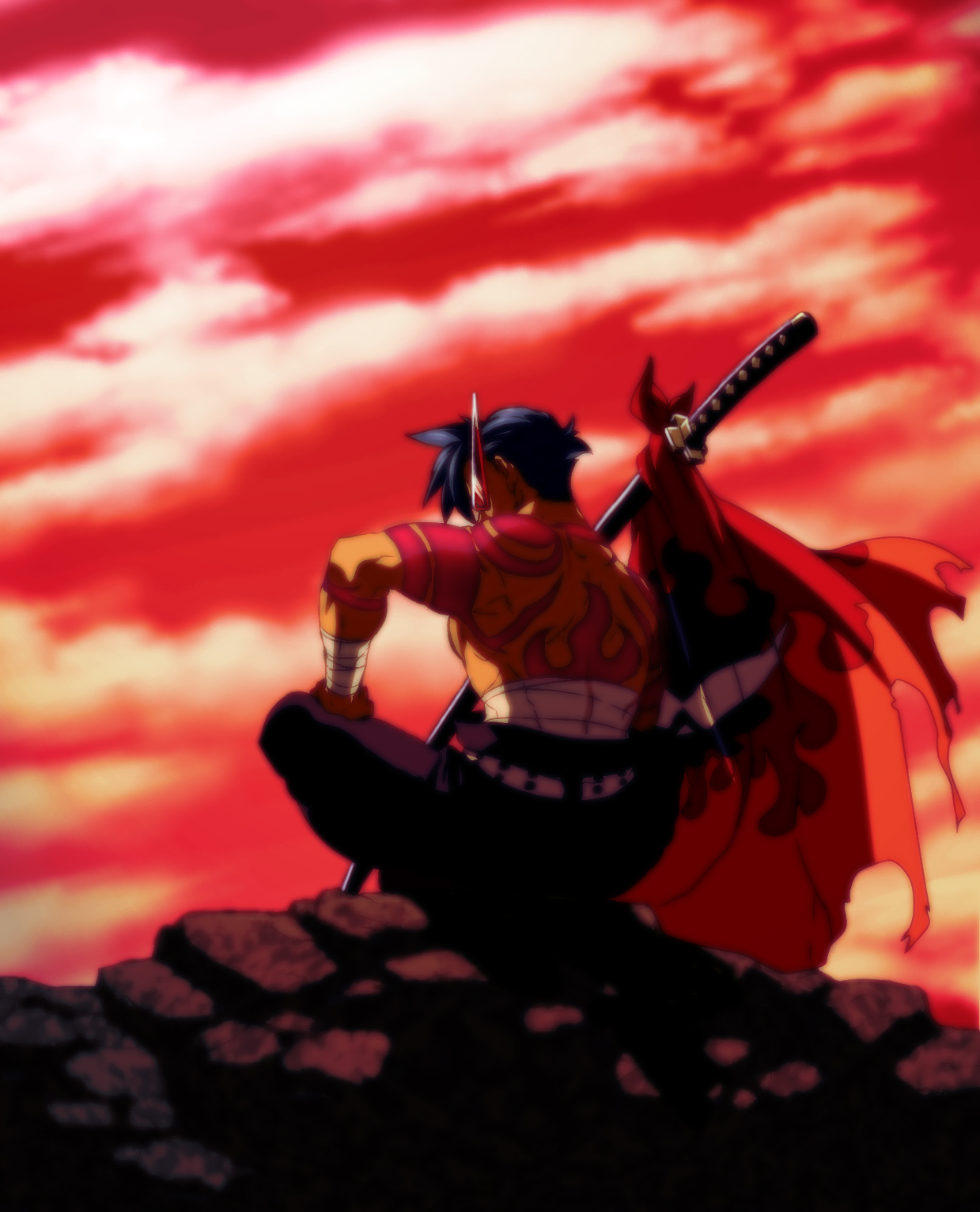 matsukaze yukiji, yuutu, kamina (ttgl), tengen toppa gurren lagann, bad id, bad pixiv id, highres, 00s, back, bandages, blue hair, bodypaint, flag, from behind, glasses, kamina shades, katana, male focus, manly, muscular, sheath, sheathed, sitting, solo, sunset, sword, topless male, triangular eyewear, weapon